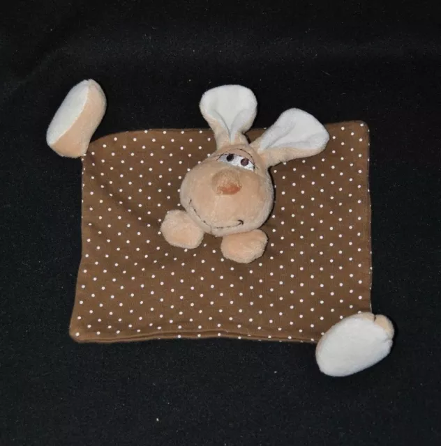 Peluche doudou lapin beige blanc crème plat brun marron à pois yeux brodés TTBE