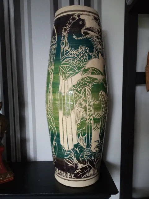 Large Vintage Pottery Vase by Sarawak with Incised Tribal Scenes
