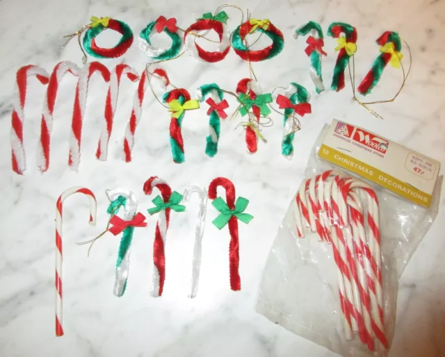 4 Vintage Chenille Wreaths + 16 Chenille & 13 Plastic Candy Canes Ornaments