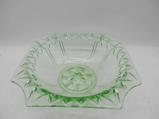 ART DECO Green Glass Square Fruit Bowl Sowerby