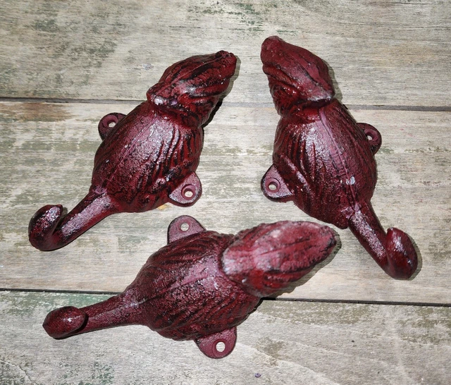 3 Cast Iron CARDINAL Towel Hanger Coat Hat Hooks Key Rack Hook RED BIRD Arizona