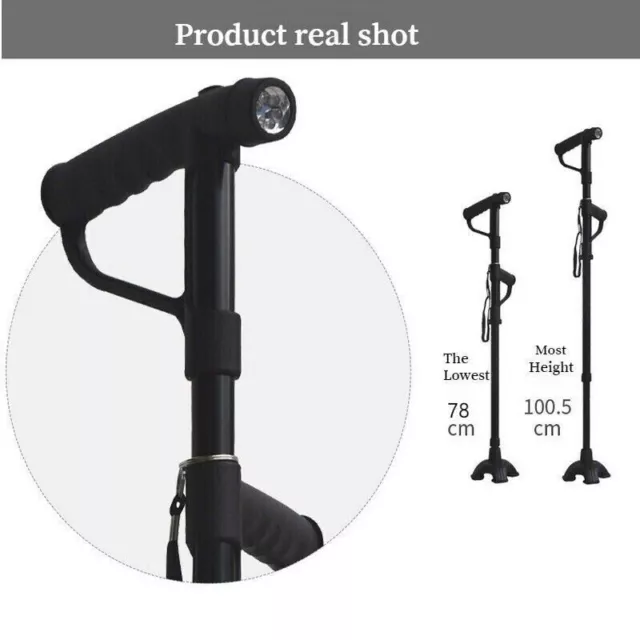 Folding Multi-functional Double-handle Four-legged Walking Cane Stick With Light