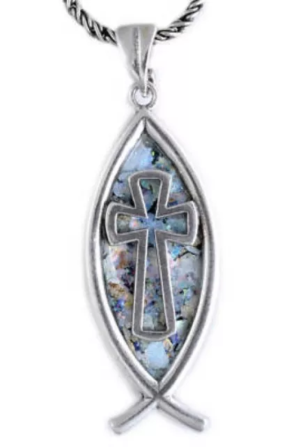 Beautiful 925 Sterling Silver Ancient Roman Glass Pendant Fish Cross