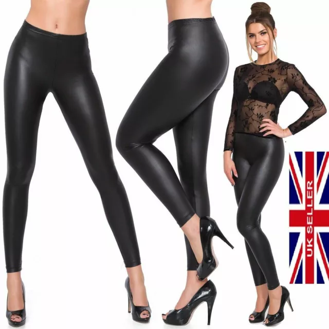 NEW LADIES SEXY Shiny Wet Look Black Leather Full Ankle Length Leggings  8-26 £5.99 - PicClick UK