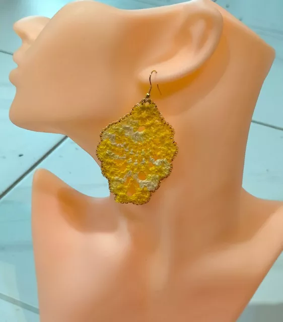 Hand Made Crocheted Beaded Earrings  Unique Yellow Cotton Crafted Vintage Style. 3
