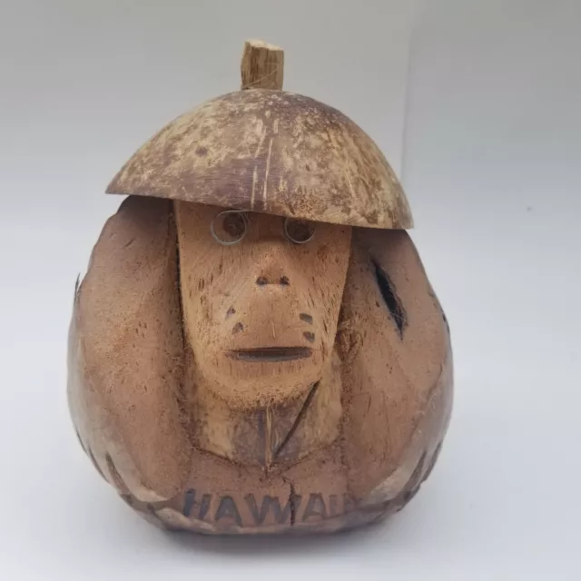 Vintage Hawaii Hand Carved Coconut Monkey Coin Bank Hand made
