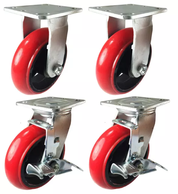 4 Heavy Duty Caster Set 4" 5" 6" Polyurethane Cast Iron Wheels No Mark (Round)