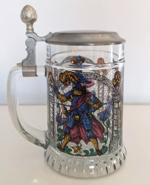 Alter Bierkrug aus Glas 0,5L mit Zinndeckel Rittermotive Glaskrug