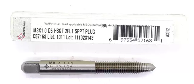 Cleveland M8 X 1.0 D5 2 Flute Spiral Point Plug Tap C57168