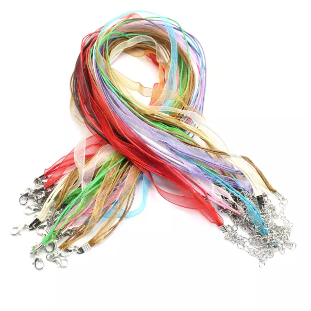 20 Mixed Color Organza Ribbon Waxen Cord Necklace 17" Lobster Clasp Fit Pendants