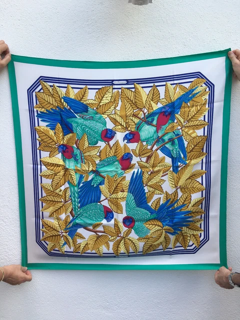 Foulard En Soie Vintage L'Orangerie Motif Perroquets Et Fleurs - Bandana Carré, Fait En France, Occasion