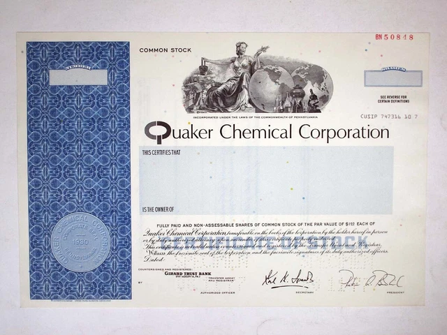 PA. Quaker Chemical Corp., 1977. Specimen Stock Cert., XF-AU. S-C USBNC