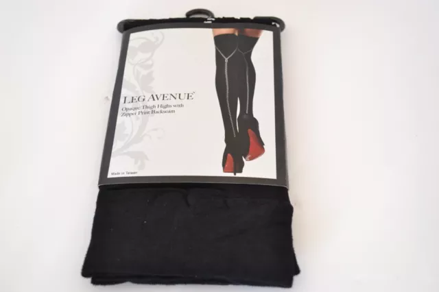 Black Opaque Zip Print Back Seam Stockings Thigh High Leg Avenue