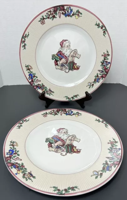 Pair Of Fitz & Floyd SANTA'S LIST Dinner Plates 1994 Santa Claus Christmas Dish