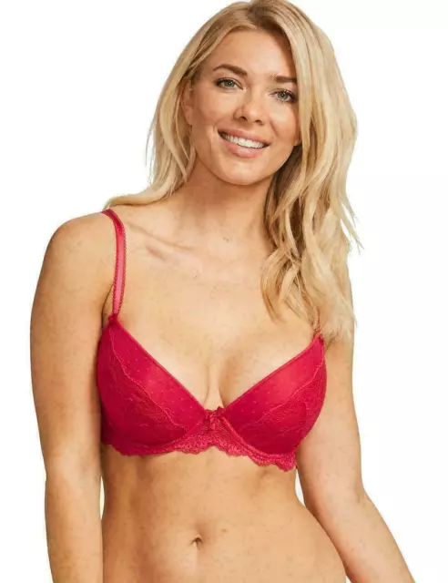 30DD | Figleaves Juliette Underwired Padded Lace Plunge Bra | Red | RRP £26