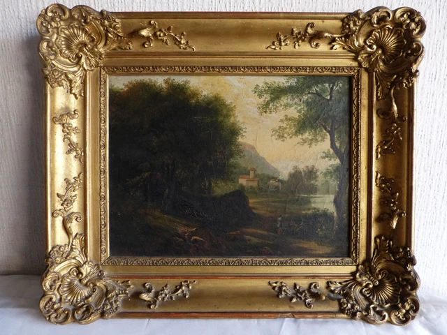 Tableau Peinture Ancienne Lavis D'encre 19e Siècle - Scène De Tour De Château Au Bord D'une Rivière
