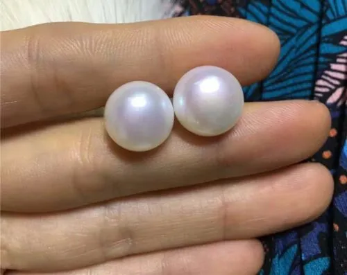 Pair of Natural 9-10mm Bread Akoya White Cultured Loose Pearl Half Drilled 半空