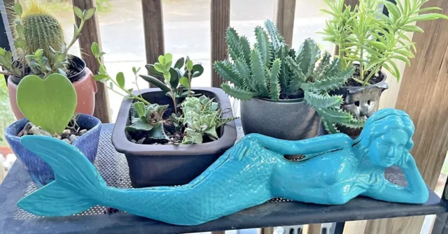 Large vintage cast iron Mermaid statue reclining 21" turquoise garden elegant