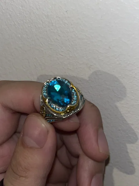 turkish handmade silver mens ring, Blue Gem 3