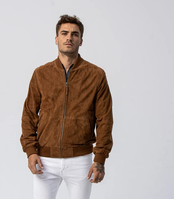 Brown Leather Jacket Men Pure Suede Slim Fit Flight/Bomber Size S M L XL XXL