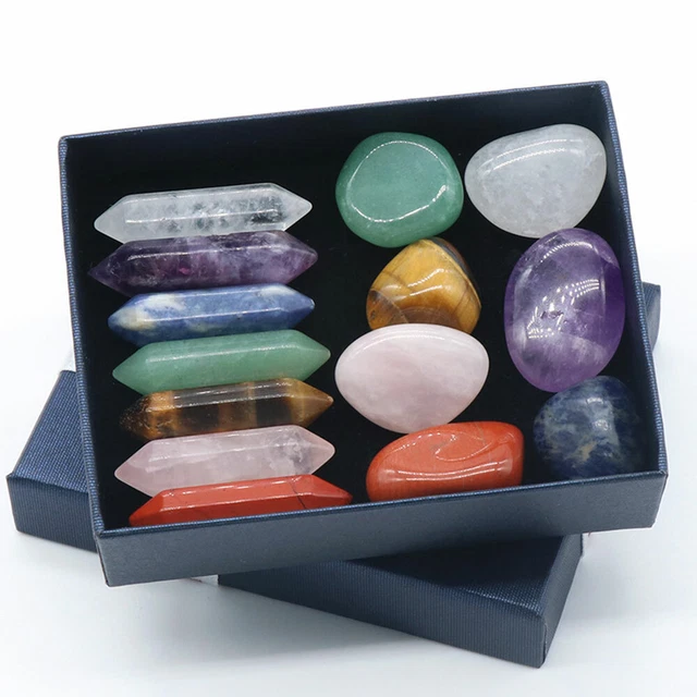 14PC Natural Crystal Chakra Stone Obelisk Quartz Wand Point Box Gemstone Healing