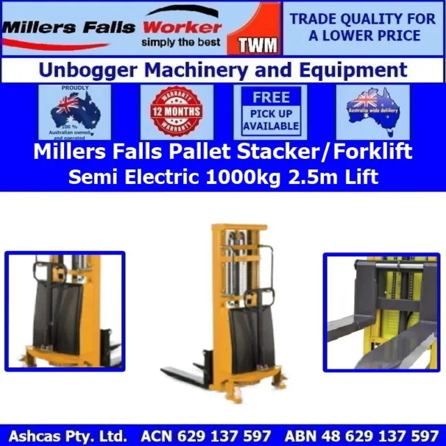 Millers Falls 1000kg Forklift Pallet Stacker Semi Electric 2.5m Lift