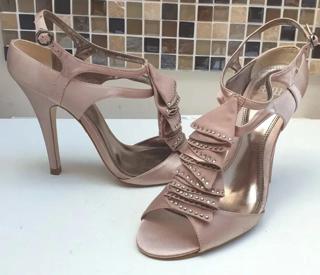 NEW FAITH ROSE Pink Satin Embellished Frill T Bar Stiletto Evening