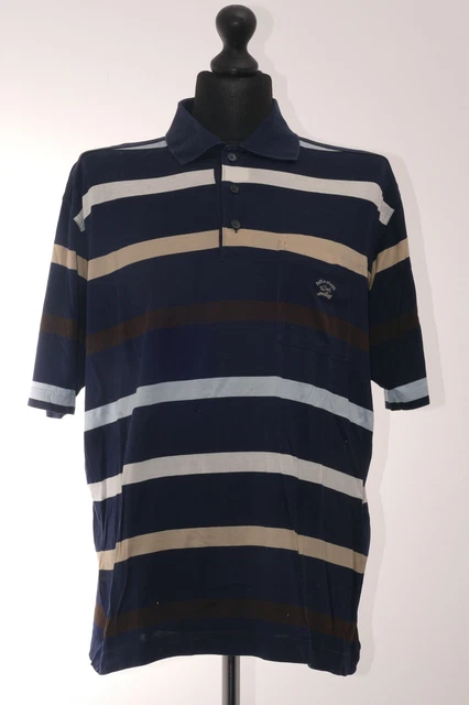 Paul & Shark Mens Polo Shirt XL Blue Dark Blue Striped Button Polo Neck