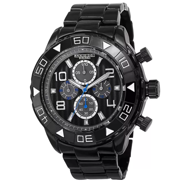 New Men's Akribos XXIV AK814BK Divers Bezel Chronograph Black Bracelet Watch