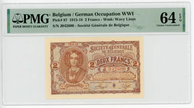 Belgium German Occupation 2 Francs 1915-1918 P-87 PMG 64 EPQ UNC