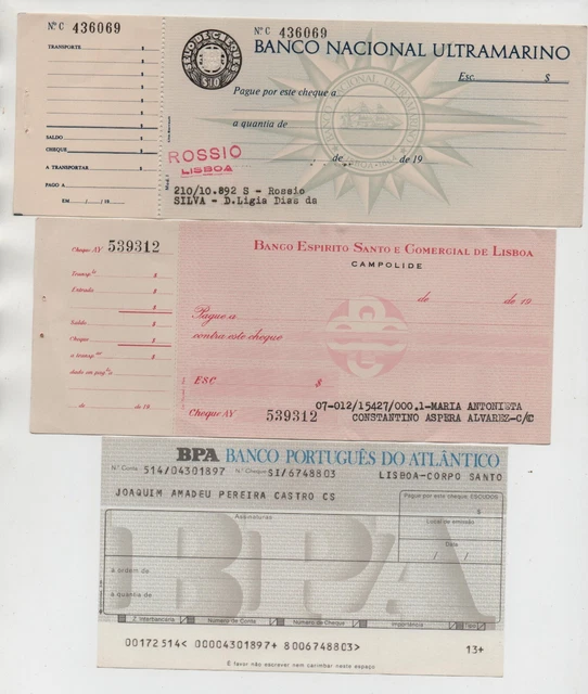 Portugal Portuguese Lot Checks Cheques Espirito Santo Atlantico Ultramarino