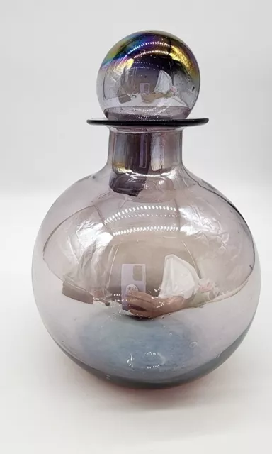 Handmade Blown Round Vase Purple Mirrored Metallic Iridescent Decanter Bottle
