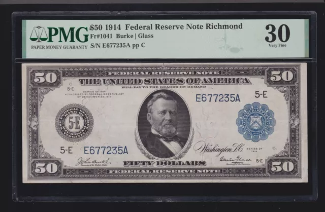 US 1914 $50 FRN Richmond Burke/Glass FR 1040 PMG 30 VF (235) US 1914 $50 FRN Richmond Burke/Glass FR 1040 PMG 30 VF (235)