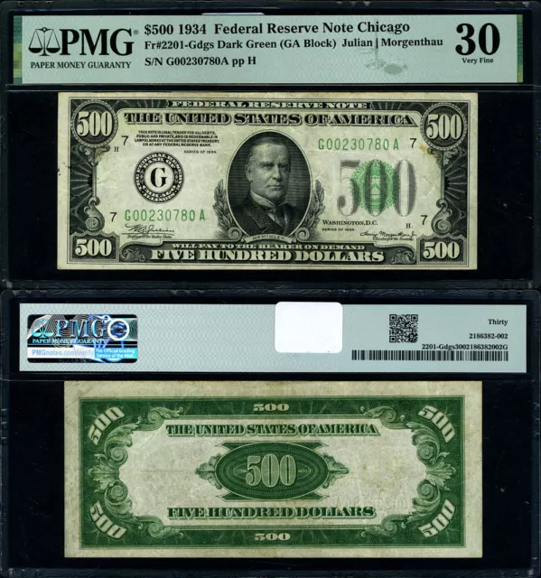 FR. 2201 G $500 1934 Federal Reserve Note Chicago G-A Block DGS PMG VF30