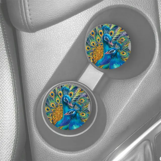 Peacock Art Rubber Drink Holder Car Coasters 2 Piece Set