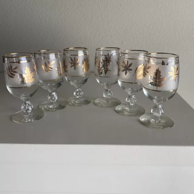 MCM Libby Frosted Gold Leaf Stemmed Wine Sherry Water 5” Glasses Set Of 6