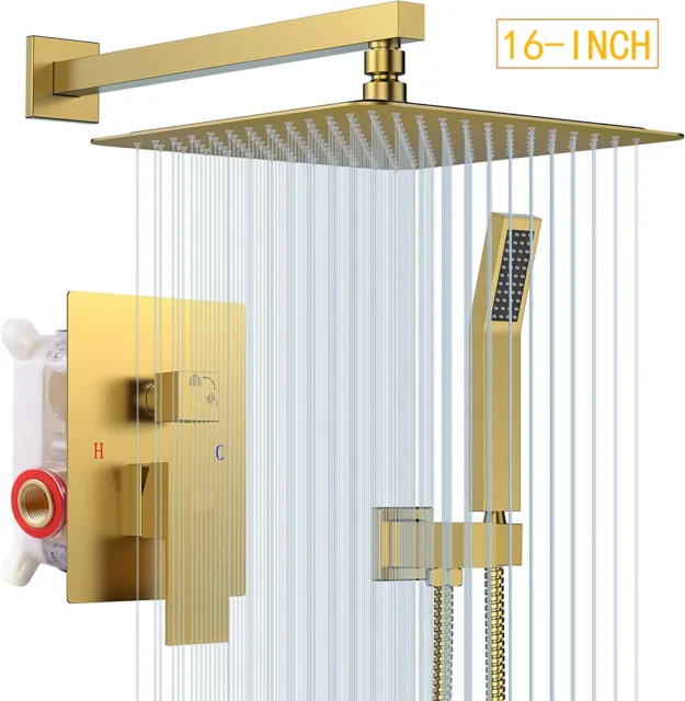 Wall Mount Shower Faucet Set System Brushed Gold 16” Rain Head Combo kit w/Valve