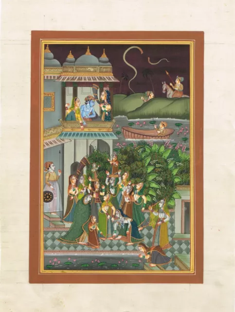 Indien Religieux Peinture De Krishna Radha Main Miniature Art Sur Soie Vêtements