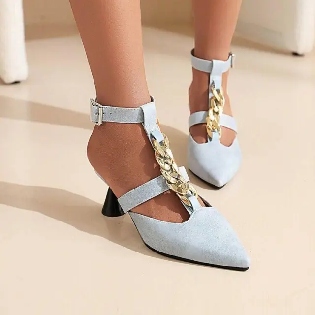 Women's Block Heels Pointed Toe Chain Buckle Shoes Slingback Pumps