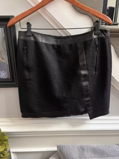 Helmut Lang Black Faux Leather Trim Asymmetrical Hem Mini Skirt Sz 8 EUC
