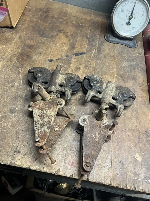 Antique Patina Myers Adjustable Stay On cast iron Barn Door Rollers Pair Set USA