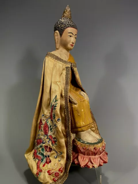 North Burma Burmese Shan Polychrome Gesso Buddha Figure w/ Silk cape ca. 20th c.