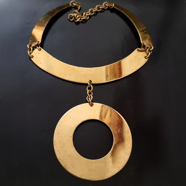 Collier Plastron Vintage Années 80 - Marque Orena - Cuir Et Métal Noir - Occasion