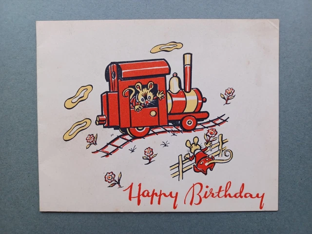 SWEET C1940s BIRTHDAY CARD MICE & LITTLE TRAIN - ARTIST DRAWN