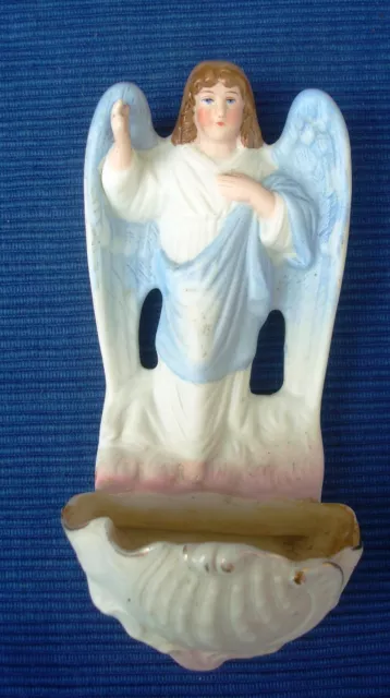 V31 Joli Bénitier Ancien Ange Biscuit Porcelaine Polychrome XIXe Religion Paris