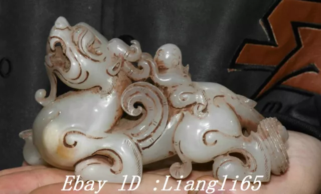 3" Han Natürliche Hetian Jade geschnitzt Fengshui Dragon Beast Pixiu Statue