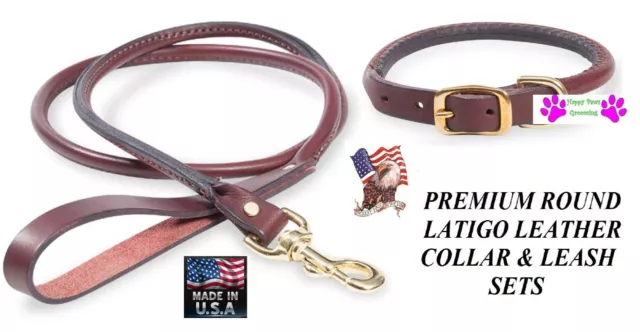 USA Hergestellt Latigo Leder Gerollt Rund Hund Collar&leash Set Premium Robust