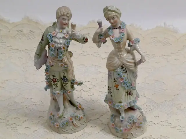 Antique German Porcelain Figurines of a Regency Couple / Pair / 6"