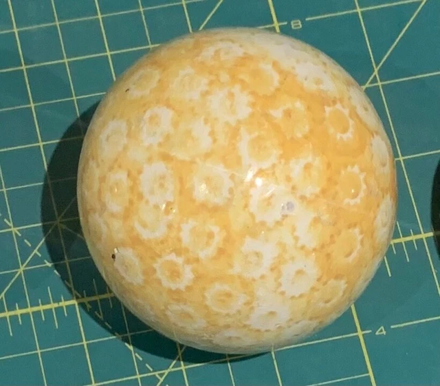 ANTIQUE VICTORIAN CARPET BALL - 3.25” yellow white calico floral pattern
