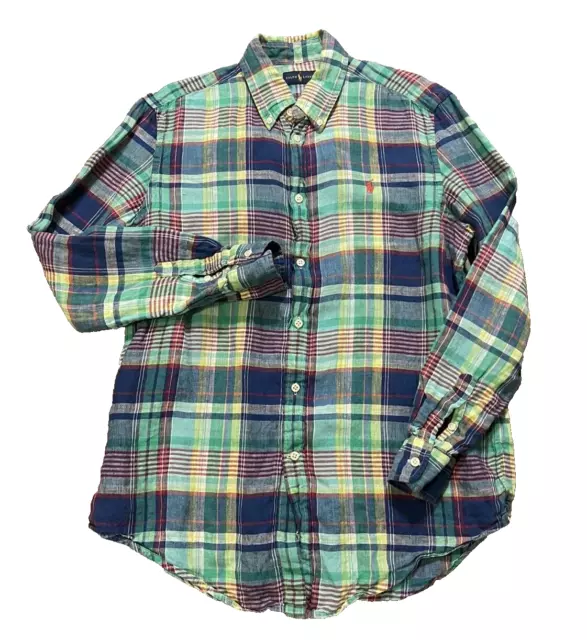 Ralph Lauren Multicolor Plaid Button-Down 100% Linen Shirt Size Large